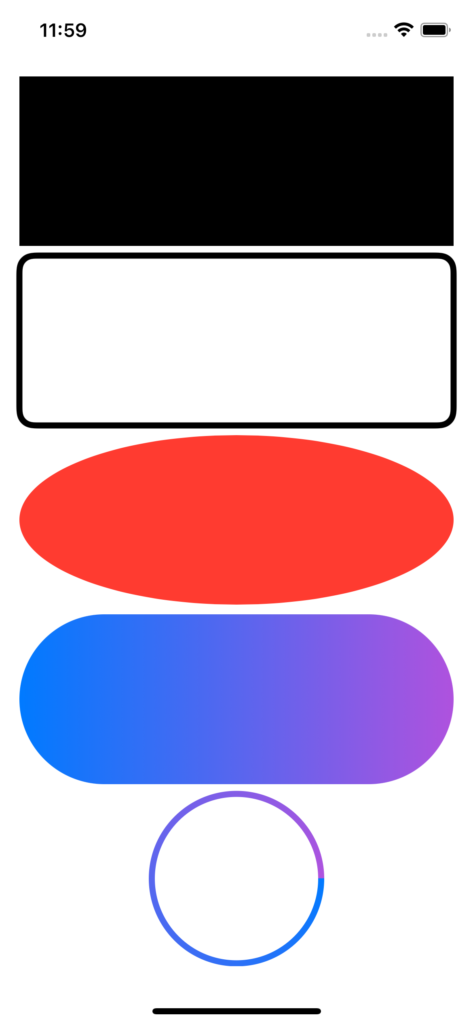 Screenshot of a built-in SwiftUI shapes vertically stacked. From top to bottom: Filled rectangle, rounded rectangle with black border, ellipse filled with red colour, capsule filled with blue and purple linear gradient and a circle with gradient as border